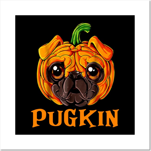 Pugkin Funny Pug And Pumpkin Wall Art by Jenna Lyannion